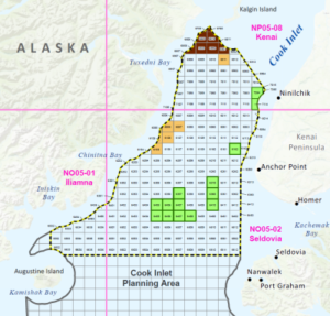 Map of Cook Inlet showing blocks available for lease in sale, blocks occupied, and blocks protected for beluga and sea otter habitat