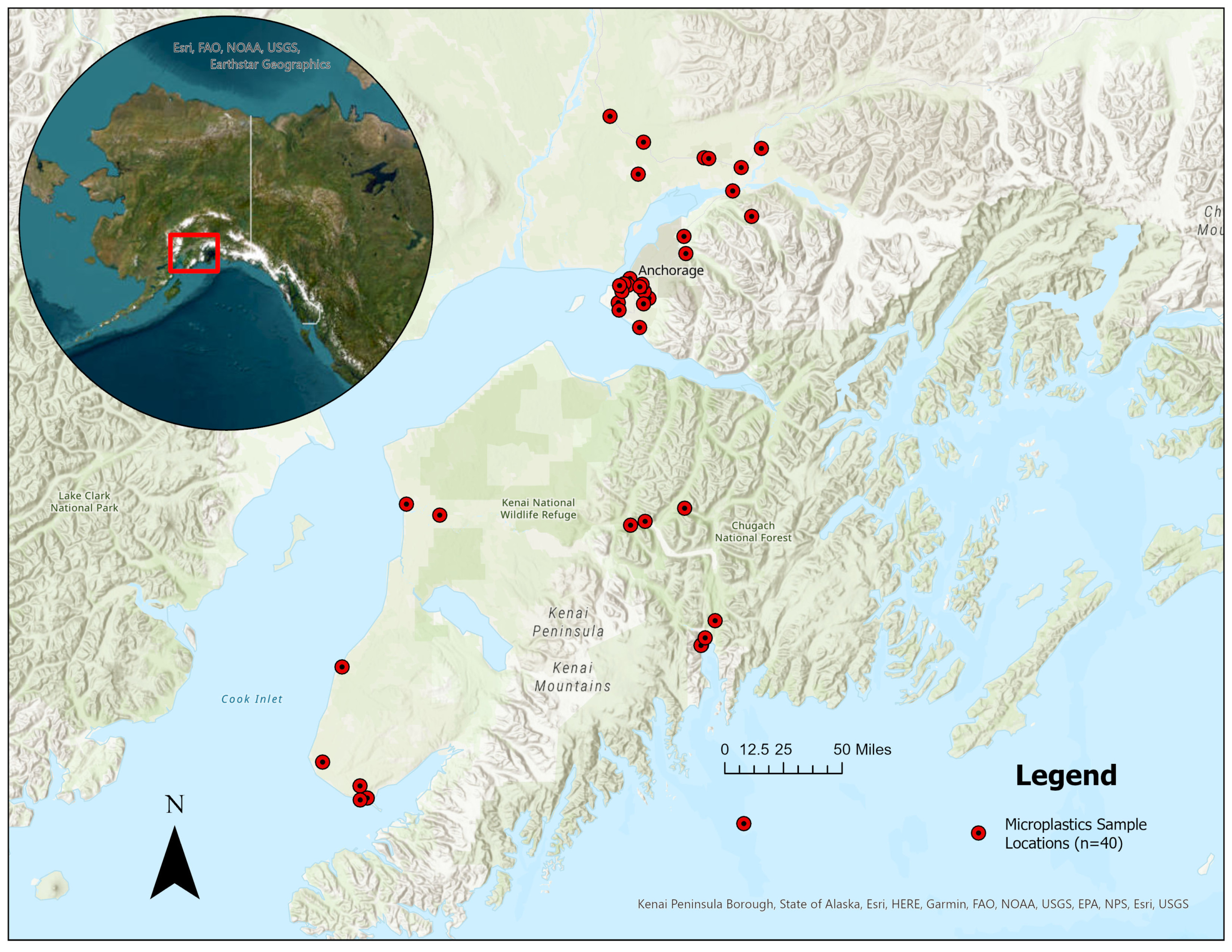 Map of Southcentral Alaska showing locations of where samples were taken